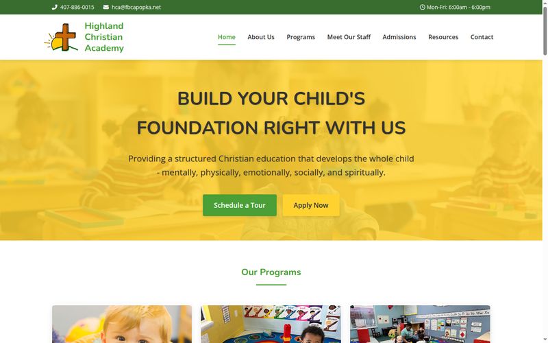 Screenshot of the Highland Christian Academy homepage
